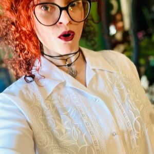 Amazing Vintage 1980s White Embroidered Rayon Blouse w/Rhinestone Buttons sz XL